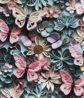 Mörkt tyg med fjärilar och blommor